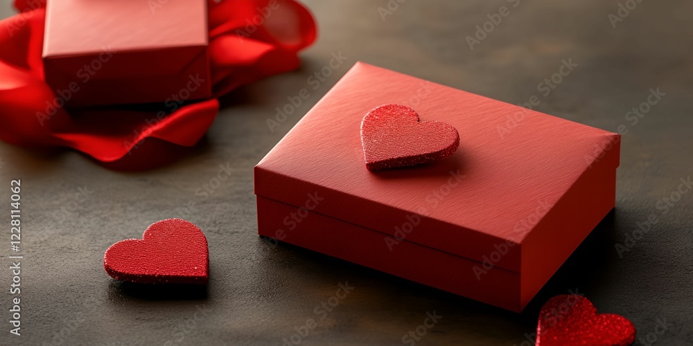 Poster red box with hearts on it sits on a table