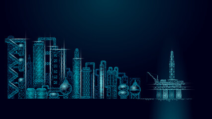 Petroleum oil refinery complex panorama business concept. Finance economy polygonal petrochemical production plant. Petroleum fuel industry will pipeline. Ecology solution blue vector illustration