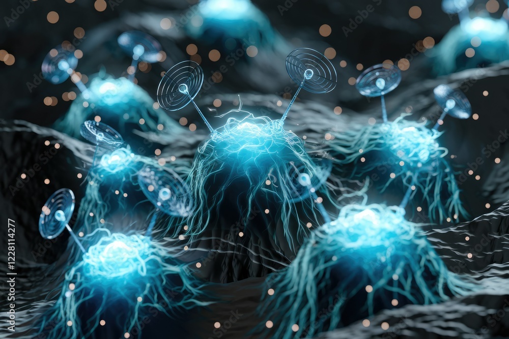 Poster Microscopic view of glowing cells with intricate network structures, possibly depicting neural or cellular activity.