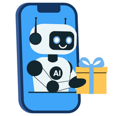 Illustration chat bot, robot with gift from mobile phone isolated white background. Holiday help assistance, artificial intelligence support device. Vector illustration
