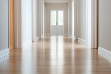 Obraz premium Bright hallway featuring smooth wooden floors and large windows in a modern residential building during daylight hours