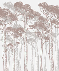 Mural with monocrome pines. Vector.