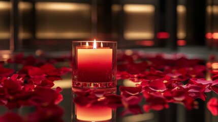 Flickering candlelight illuminating romantic rose petals at an intimate evening gathering