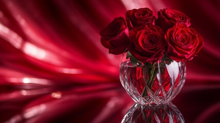 Beautiful crystal vase displays vibrant red roses against a rich crimson backdrop