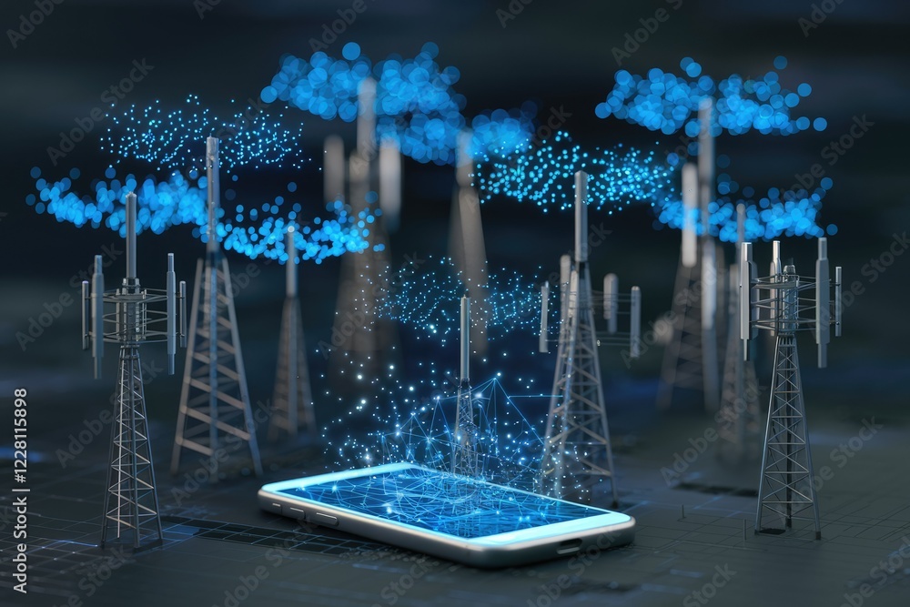 Poster mobile phone connected to multiple cell towers, showcasing 5g network connectivity and data transfer