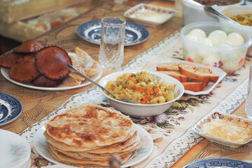 Delicious array of traditional dishes on a dining table