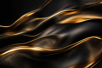 Elegant Flowing Golden Waves with Glowing Particles on a Dark Background, Abstract Futuristic Texture and Luxury Artistic Design
