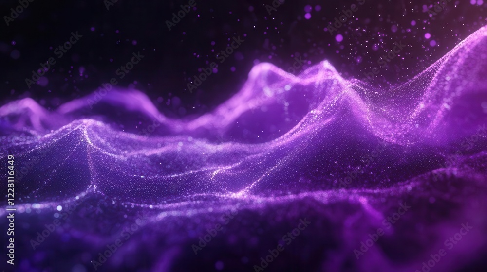 Poster abstract digital waves in deep purple and ultraviolet, flowing through dark space with particle effe