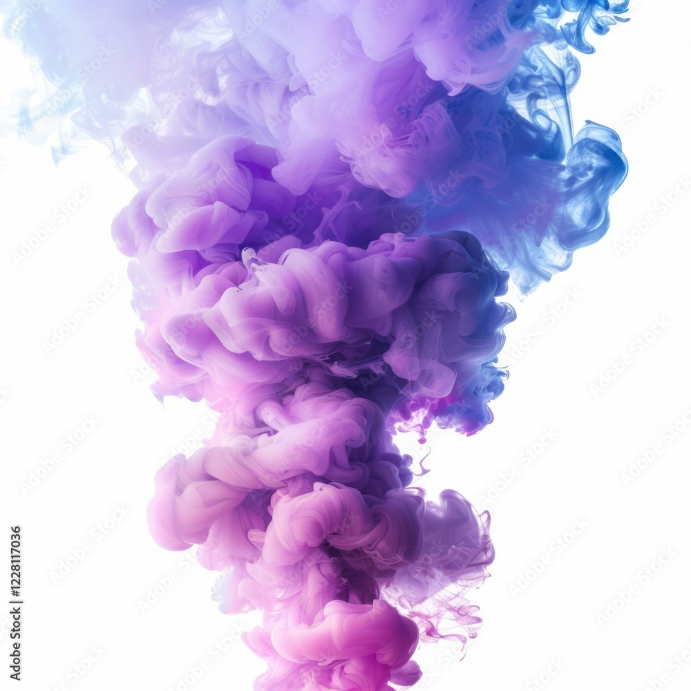 Poster purple and blue ink dissolving in water, creating abstract shapes with a beautiful gradient on a whi