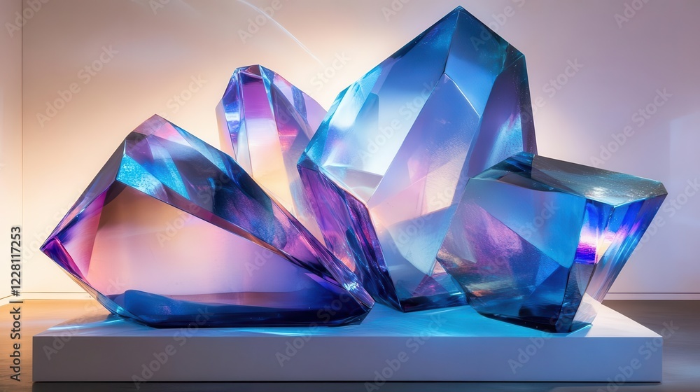 Poster crystalline geometric forms in translucent glass, intersecting at dynamic angles with prismatic ligh
