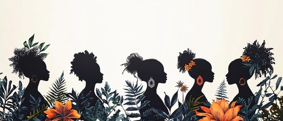 Empowering illustration celebrating diversity and femininity, ideal for Black History Month events, women's rights campaigns, and social media graphics with ample copy space.