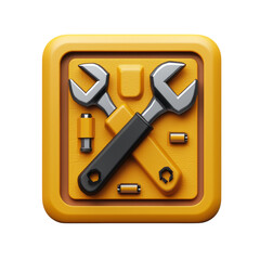 Icon depicting crossed wrenches on a vibrant yellow background, symbolizing tools and repair