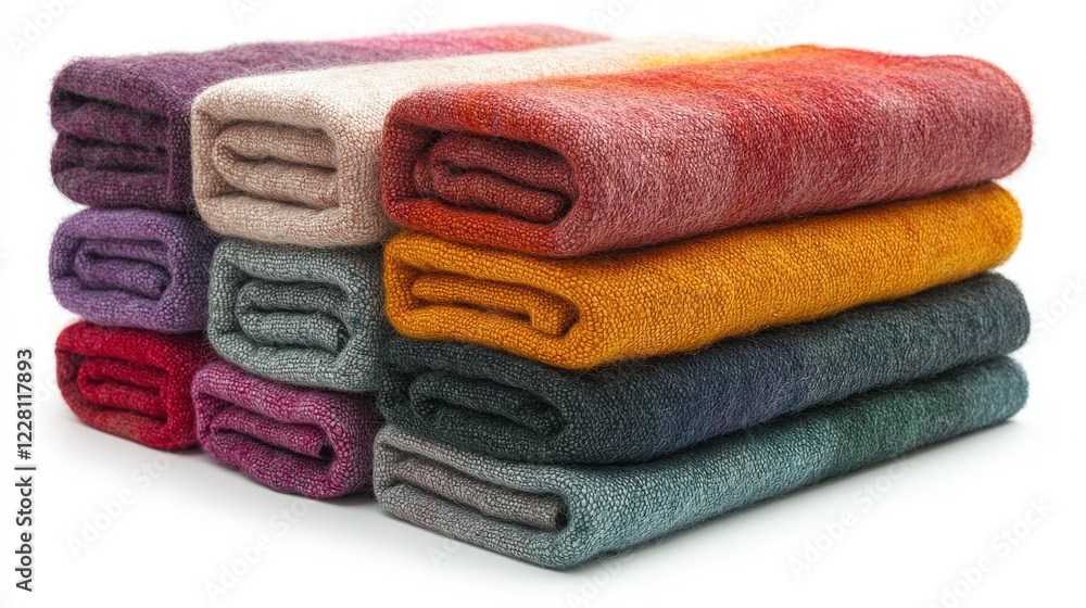 Poster a stack of colorful, folded blankets arranged neatly for display.