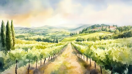 Fototapeta premium dreamy watercolor landscape of sun-drenched vineyard rows, soft pastel hues, rolling hills, rustic mediterranean charm, ethereal atmosphere