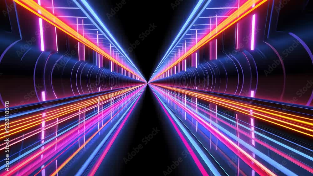 Poster futuristic neon tunnel with vibrant colors and dynamic light trails creates sense of speed and motio