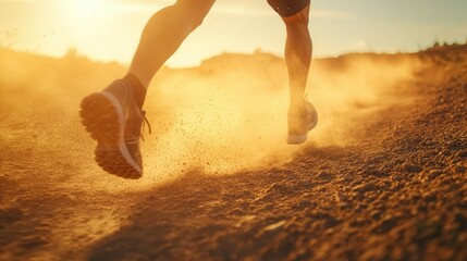 dynamic low-angle shot of runner's legs in motion, wearing high-tech running shoes, kicking up dust on trail at golden hour