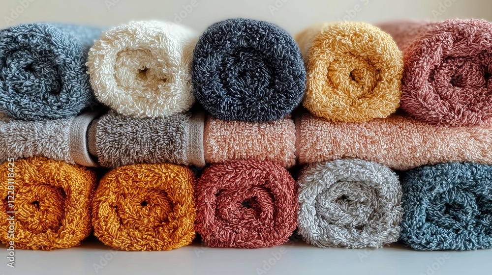 Poster a neatly arranged stack of colorful rolled towels for home use.
