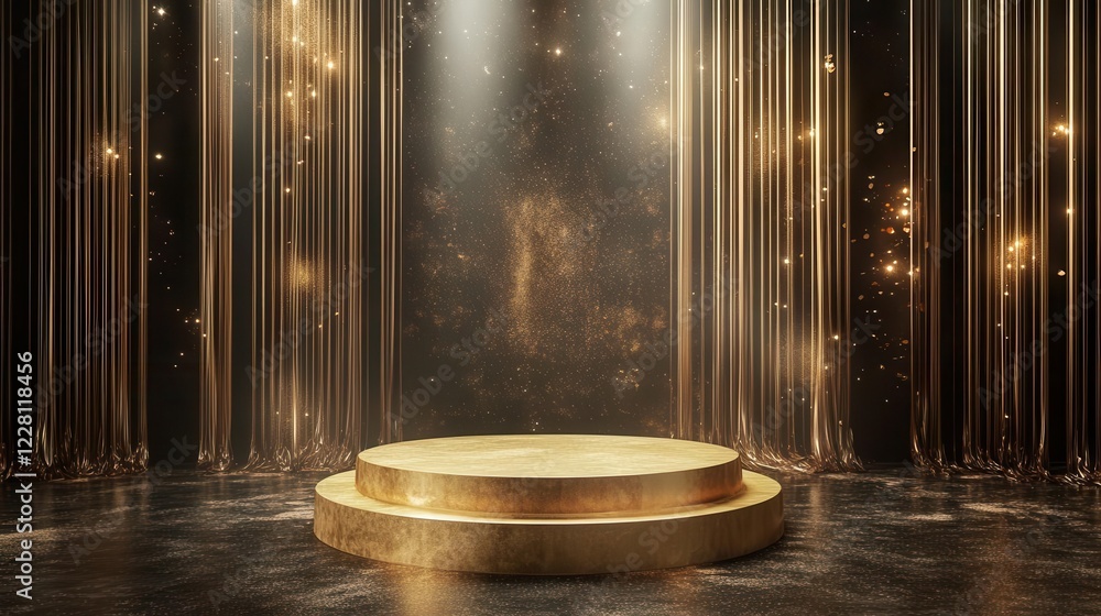 Poster elegant golden podium illuminated by ethereal spotlights, floating in luxurious space with cascading