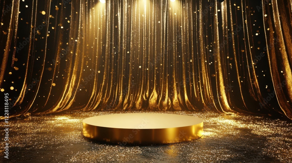 Poster elegant golden podium illuminated by ethereal spotlights, floating in luxurious space with cascading