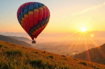 A passenger balloon flies over a clearing during sunset.