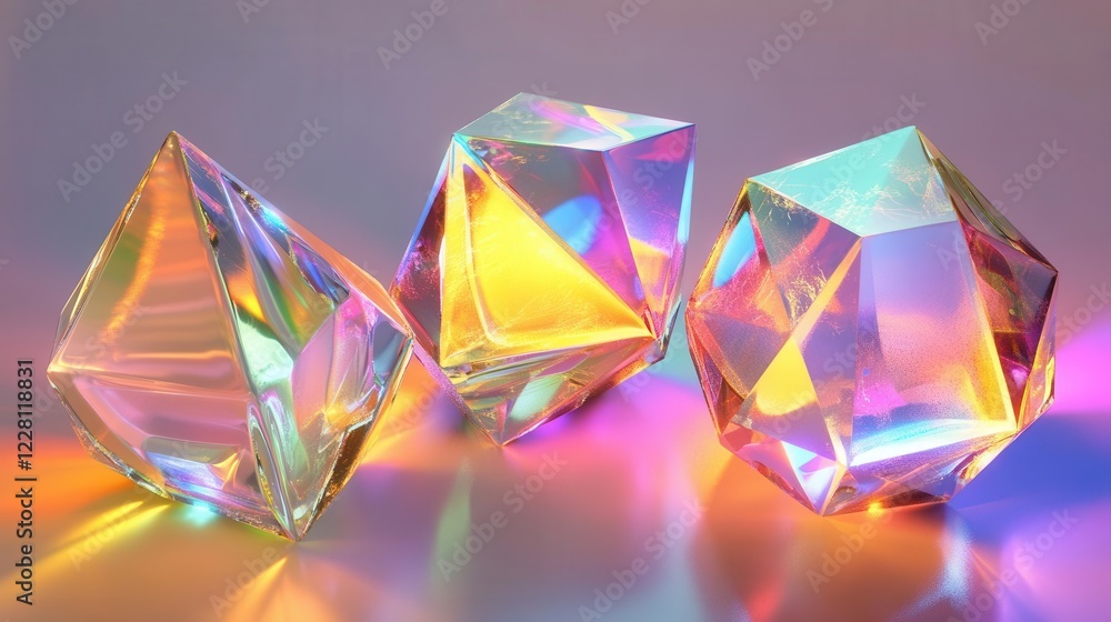 Aufkleber ethereal 3d render of geometric forms floating in zero gravity, iridescent metallic surfaces reflect