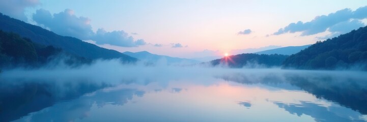 Obraz premium Softly glowing blue mist rises from a serene lake at dawn, gentle waters, lake water, sky bright blue pastel clouds