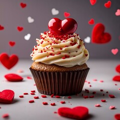 A golden brown cupcake in a chocolate wrapper, topped with vanilla frosting swirls and tiny red sprinkles.