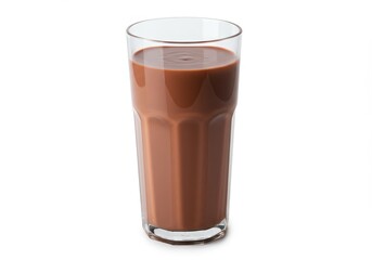 A tall clear glass filled with creamy chocolate milk isolated on a white background