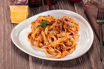 Italian pasta bolognese with beef minced meat
