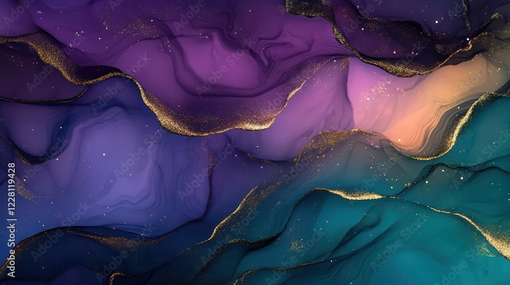 Poster ethereal fluid art background with iridescent swirls of purple, teal, and gold, creating a mesmerizi
