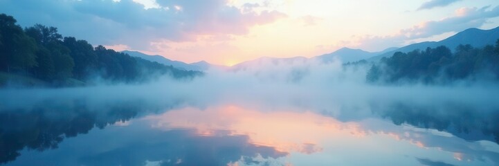 Obraz premium Softly glowing blue mist rises from a serene lake at dawn, sky bright blue pastel clouds, gentle waters