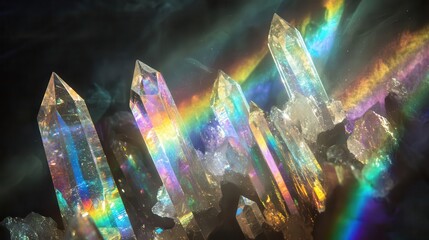 ethereal light beams dance through crystal prisms, creating rainbow spectrums against deep black velvet background, with delicate dust particles catching light