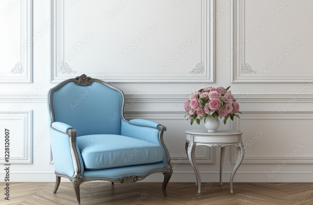 Wall mural A cozy, classic-style room with blue walls, stucco, molding, and a comfortable armchair