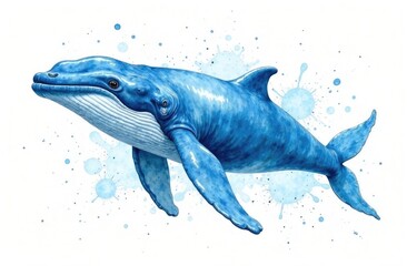 Fototapeta premium Watercolor blue whale with blue splashes on a white background.