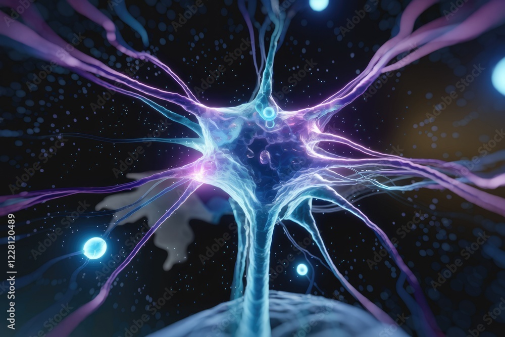 Poster a vibrant neuron, its branches reaching out, showcasing intricate neural pathways and connections in