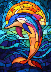 Colorful Stained Glass Representation of a Dolphin Leaping Against a Vibrant Sunset