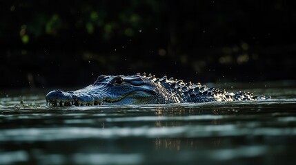 Naklejka premium massive saltwater crocodile emerging from murky waters, scales glistening in dramatic lighting, creating intense wildlife scene
