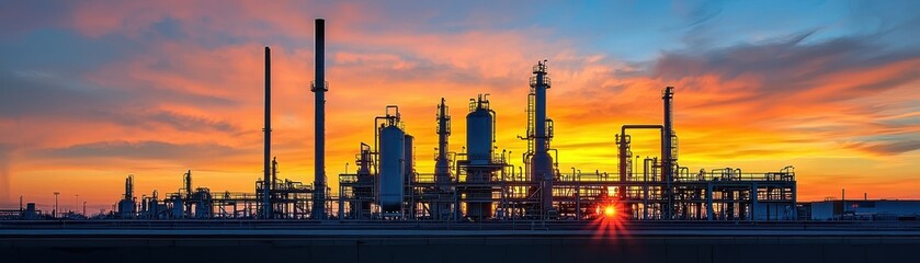 Obraz premium Industrial landscape with a refinery silhouette during a vibrant sunset.