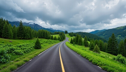 Fototapeta premium Winding road through green hills and pine trees