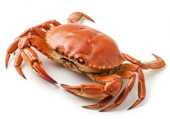 A cooked red crab with large claws and a glossy shell isolated on a white background