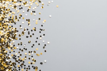 Gold and silver confetti scattered on a gray background