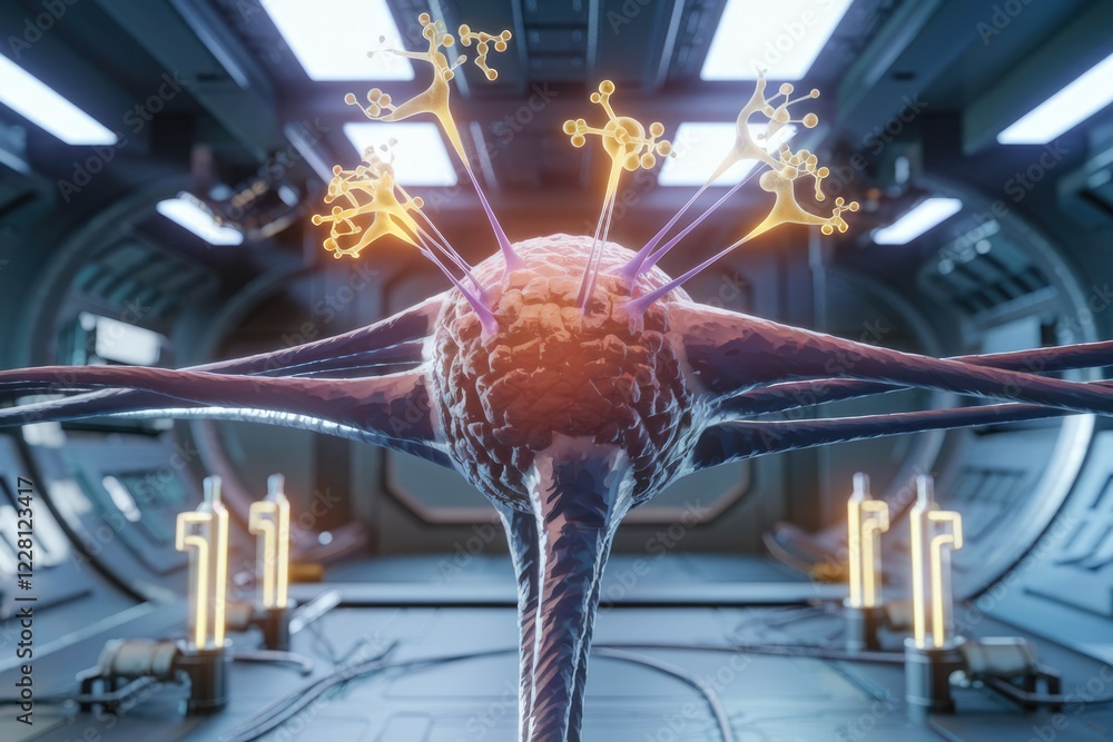 Poster A detailed 3D rendering of a neuron with its dendrites and axon, showcasing its intricate structure within a futuristic laboratory setting.