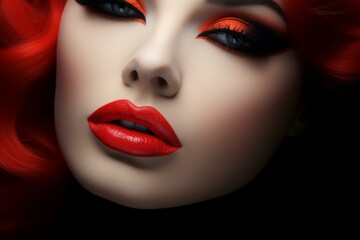 Fototapeta premium Model with intense red lipstick and matching eyeshadow posing with red hair on a black background