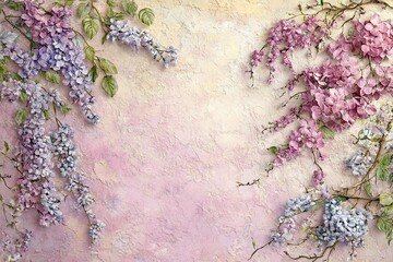 An artistic composition of colorful blooms against a pink background. Spring nature flat lay