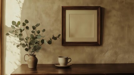 serene home office corner with vintage wooden frame on textured beige wall, minimalist eucalyptus arrangement, artisanal coffee cup, natural light