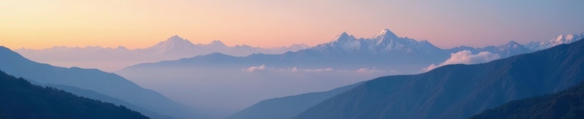 Fototapeta premium Softly glowing clouds adorn the backdrop of the Himalayan mountain range in Tibet, natural, misty dawn, Himalayas