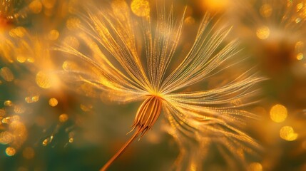 single pristine dandelion seed head against emerald meadow backdrop, golden sunset light creating ethereal bokeh effect through delicate seed filaments