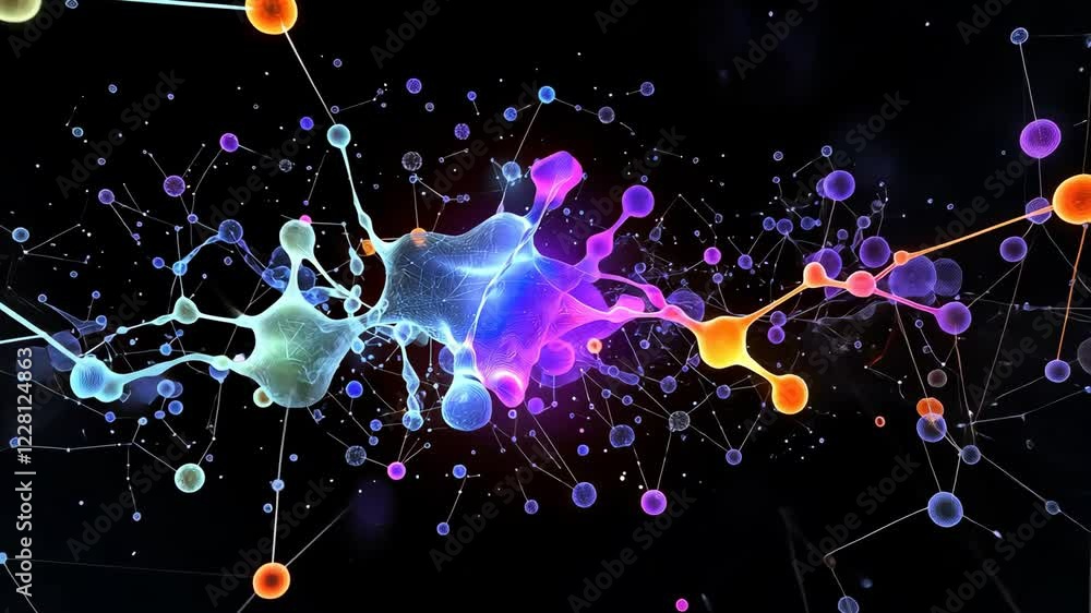 Poster vibrant digital illustration of interconnected neural networks with colorful nodes and lines on dark