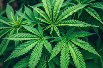 Cannabis Plant Close-Up: Green Leaves with Serrated Edges