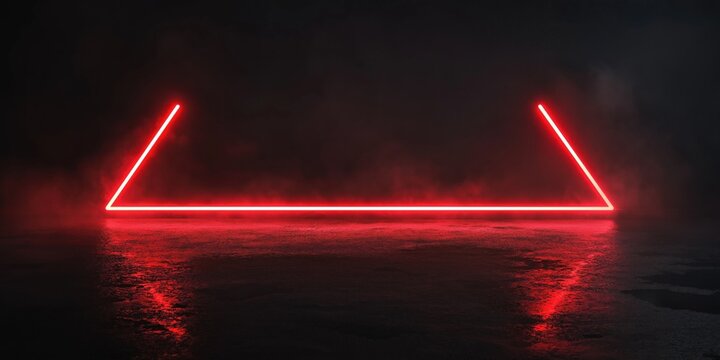 Red neon lights forming triangle shape on wet asphalt in dark background